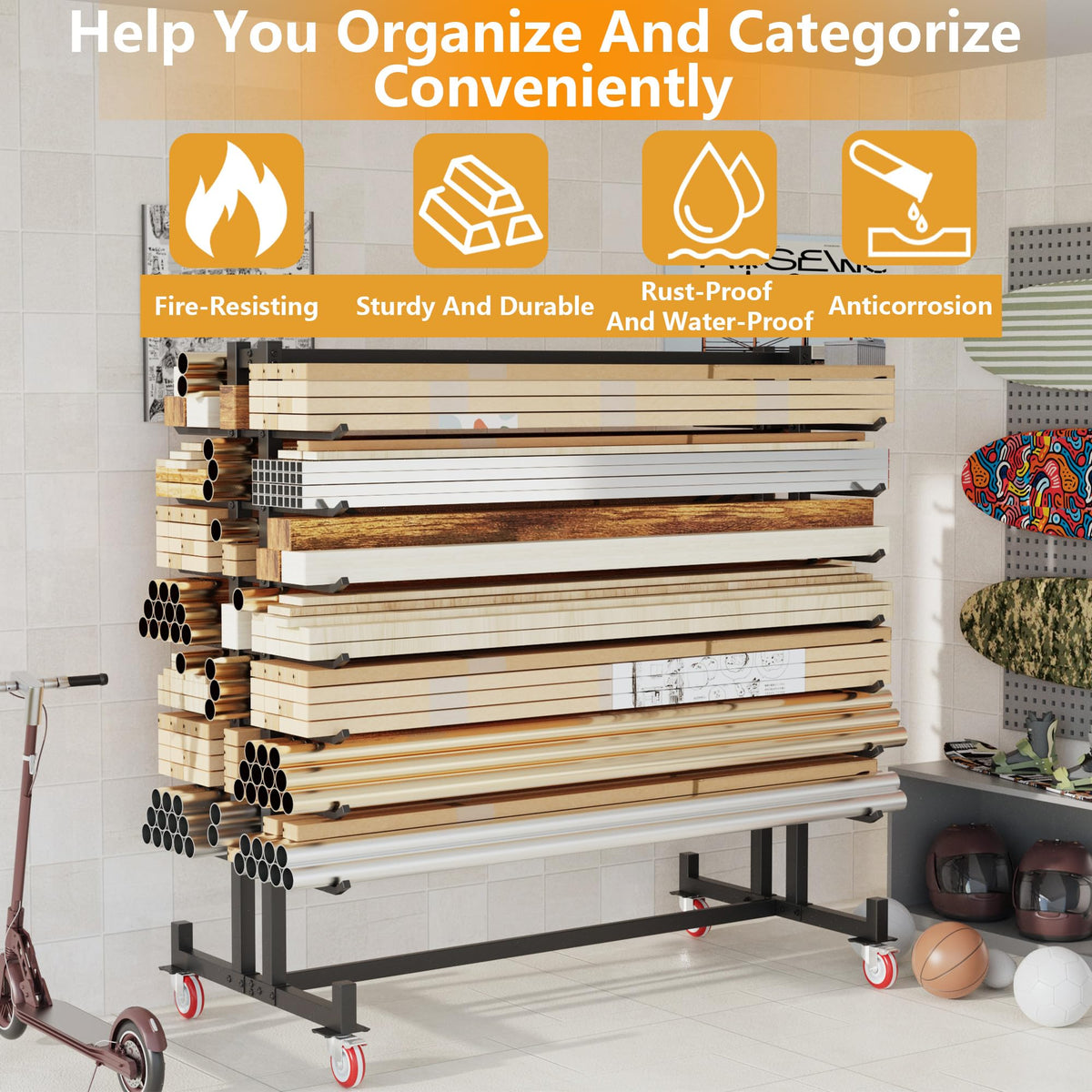 Heavy-Duty 2000LBS 7-Tier Rolling Lumber Storage Rack I533