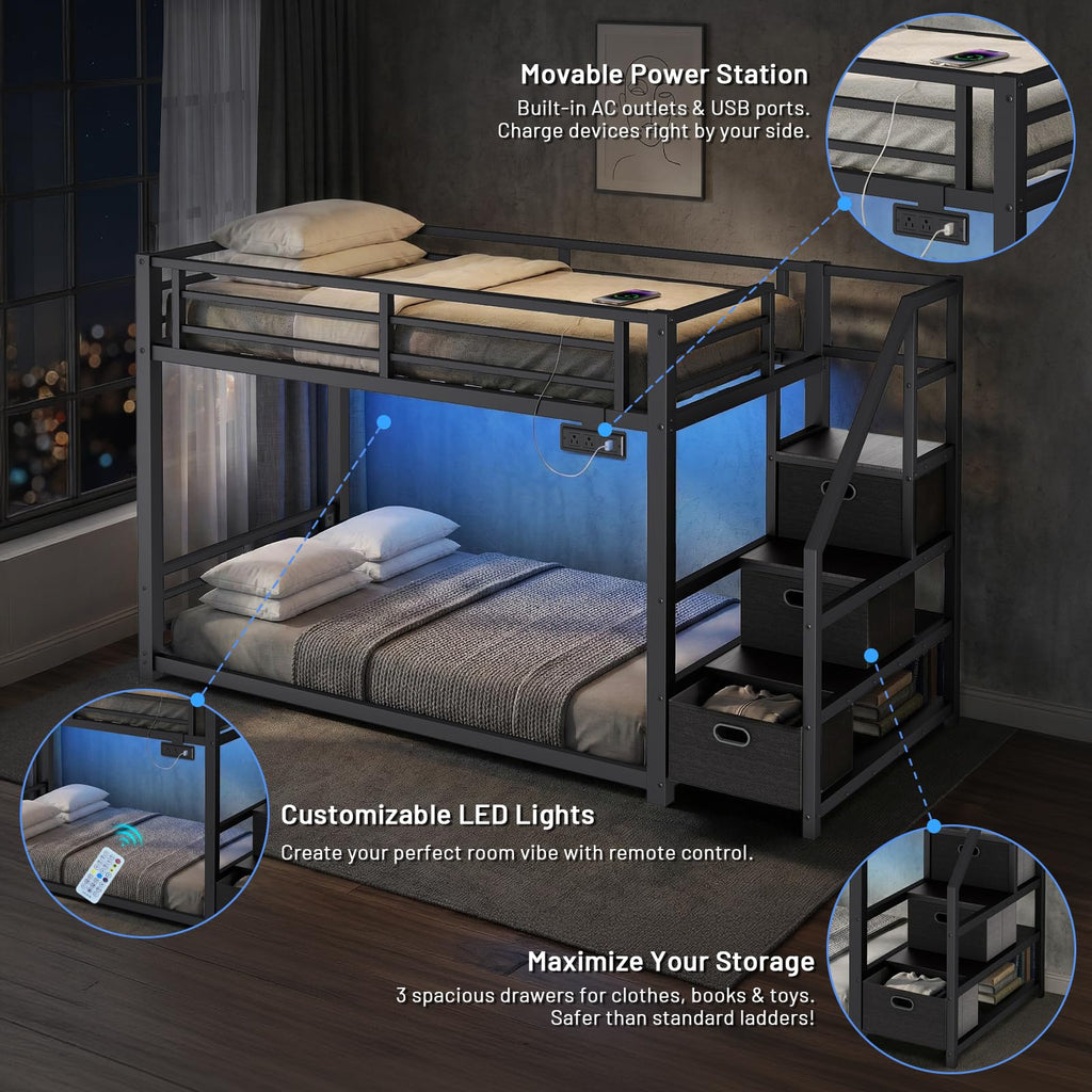 Twin Over Twin Metal Bunk Bed with Storage Stairs, Drawers & Shelves, Power Outlet and RGB LED Lights, Safety Guardrails & Metal Slats (Black) E7933