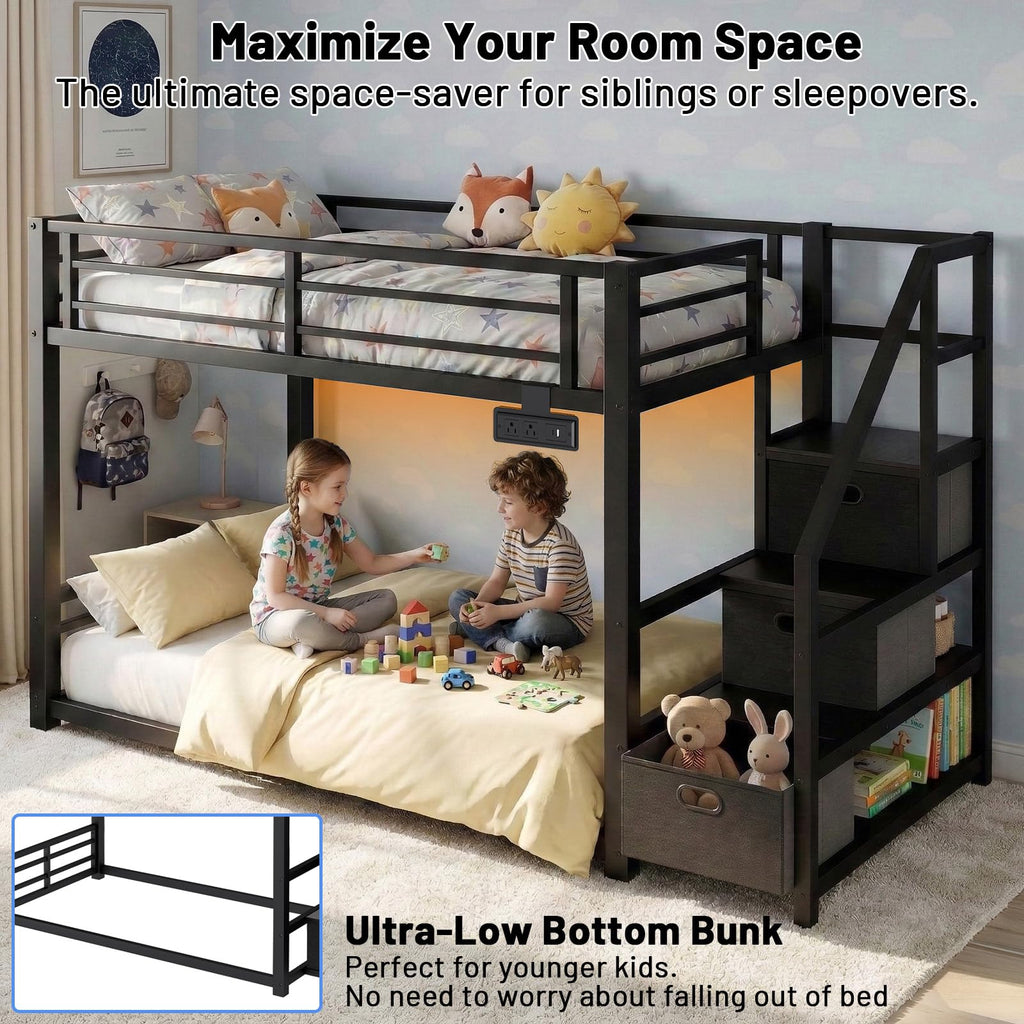 Twin Over Twin Metal Bunk Bed with Storage Stairs, Drawers & Shelves, Power Outlet and RGB LED Lights, Safety Guardrails & Metal Slats (Black) E7933