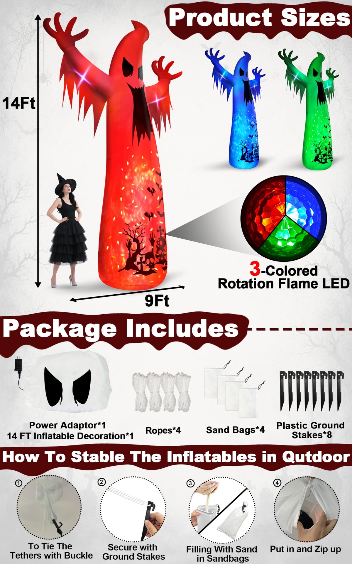 14 Ft Inflatable Ghost Outdoor Decoration with Flame Light Z96629