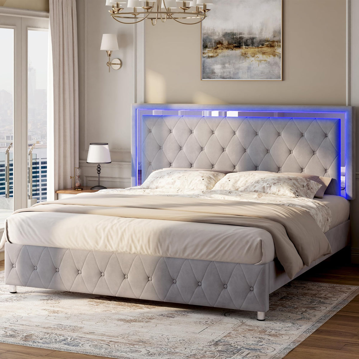 Full Velvet Upholstered Bed Frame with LED Lights Headboard H637520
