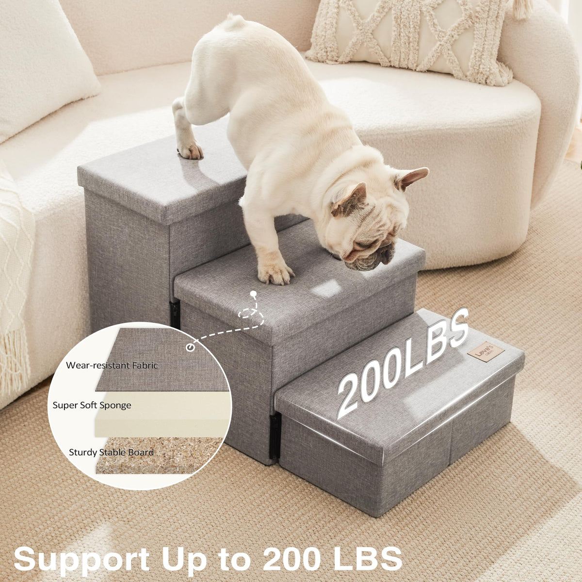 Foldable Pet Stairs with Storage, Grey, 3 Steps M66132