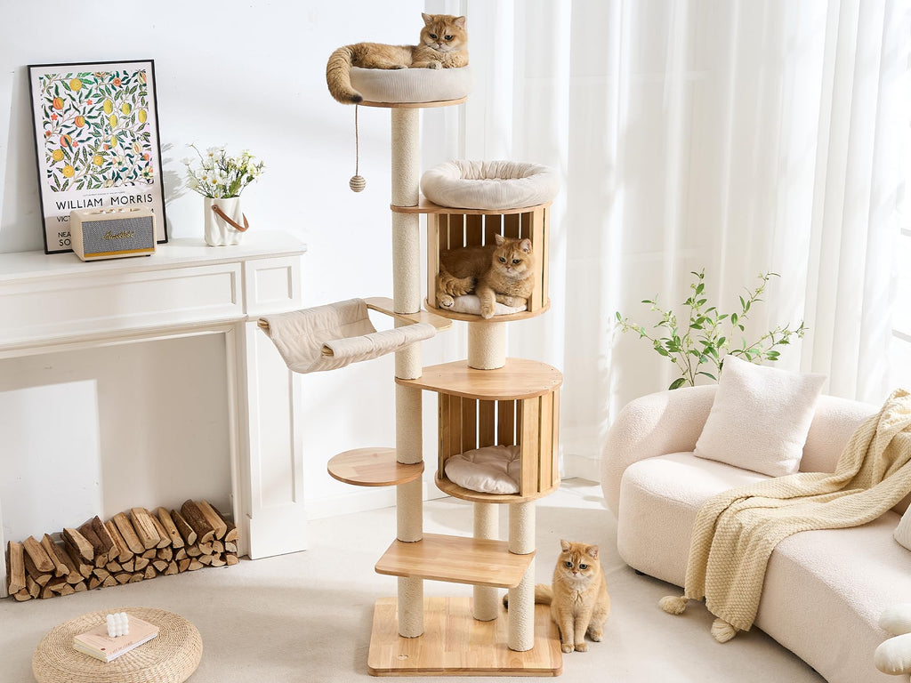 70" Wood Cat Tree with 2 Cat Caves O382