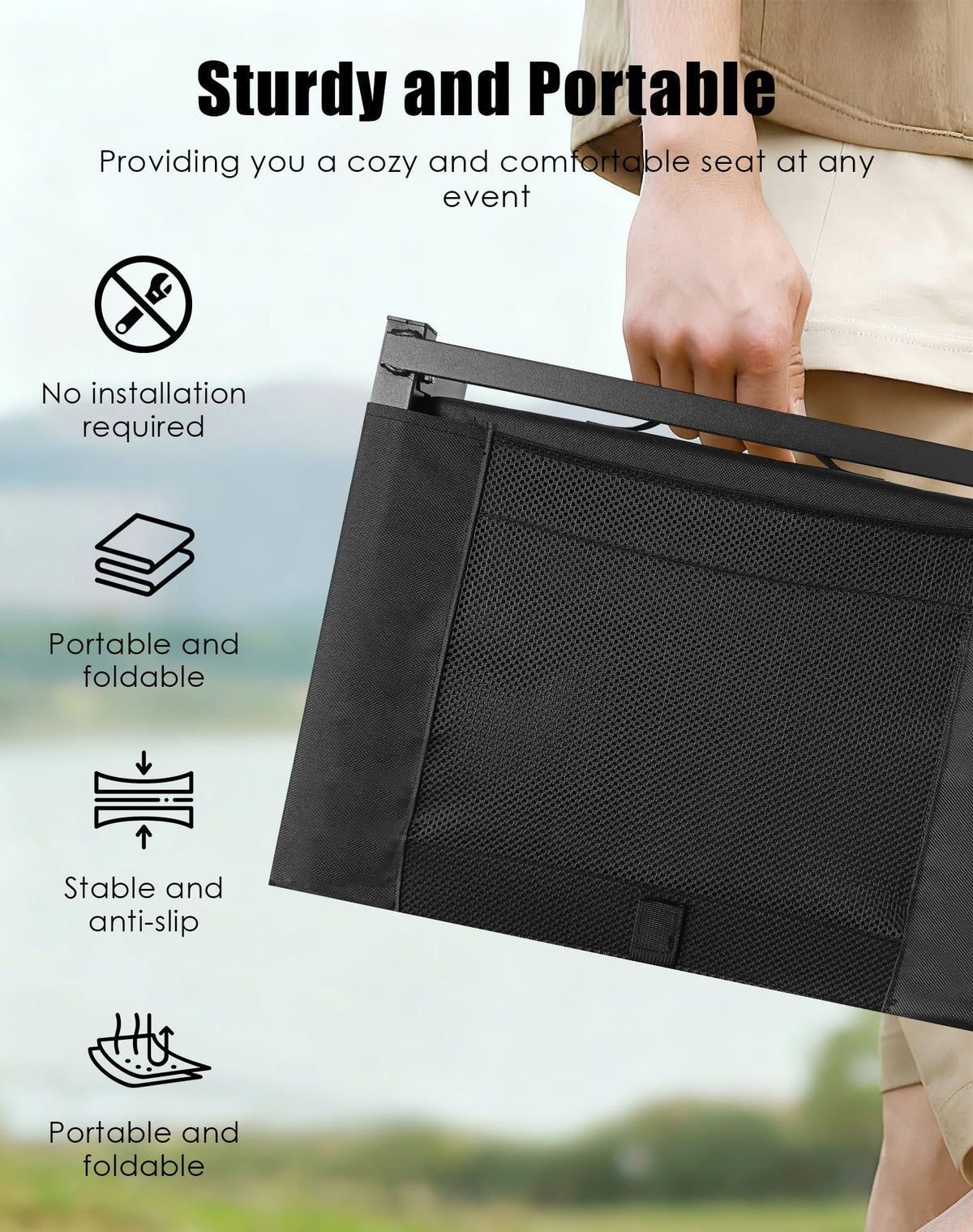 Portable Folding Bleacher Seats with Back Support and Cushion, Black R182407