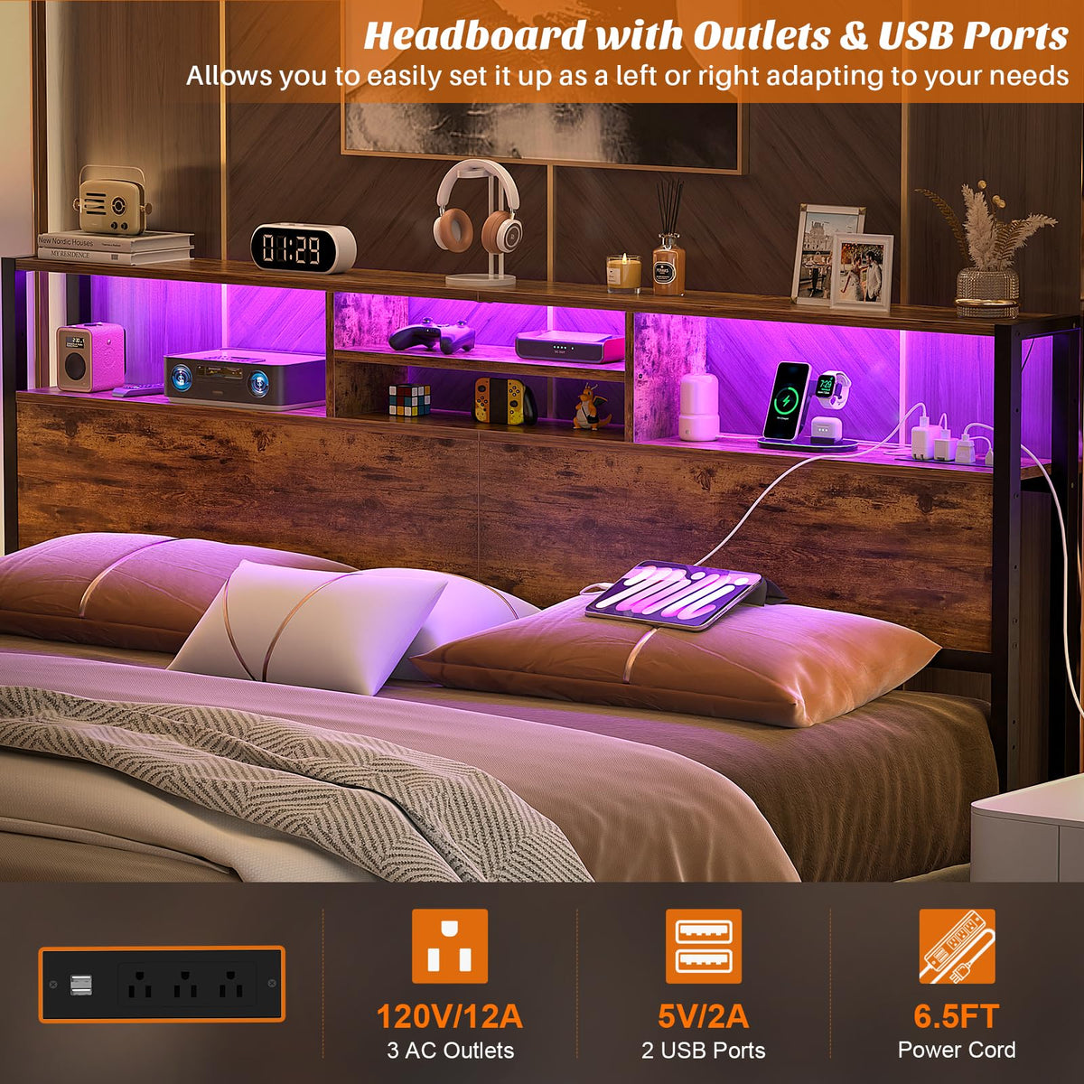 King Size Storage Headboard with Outlets W318355