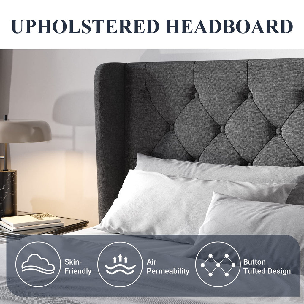 Queen Bed Frame with Button Tufted Wingback Headboard X879018