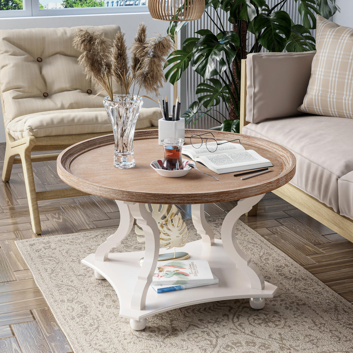 Round White Coffee Table with Tray Top M744