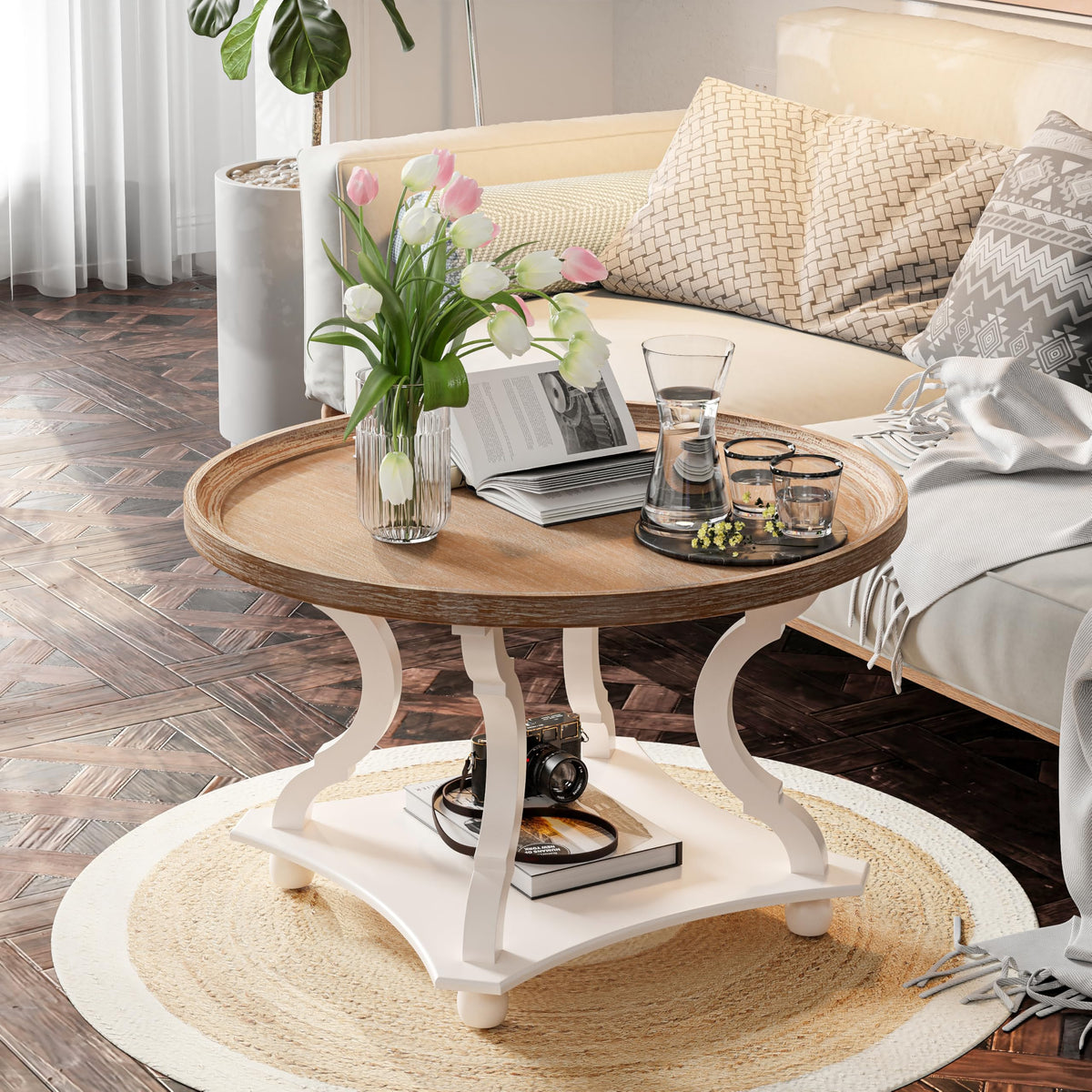 Round White Coffee Table with Tray Top M744