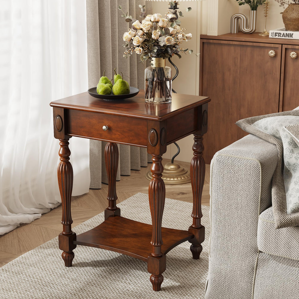 Solid Wood Side Table with Drawer, Cherry Walnut C446