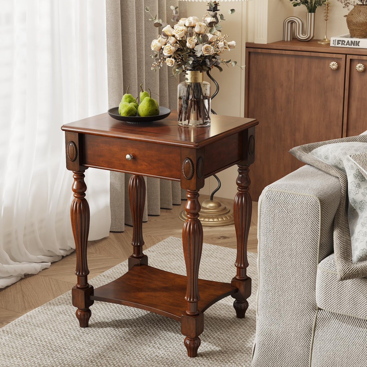 Solid Wood Side Table with Drawer, Cherry Walnut C446