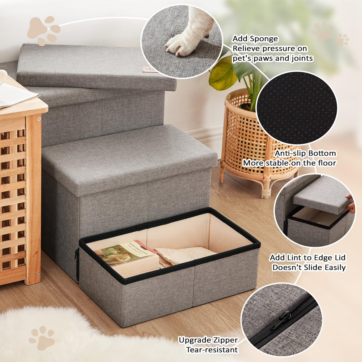Foldable Pet Stairs with Storage, Grey, 3 Steps M66132
