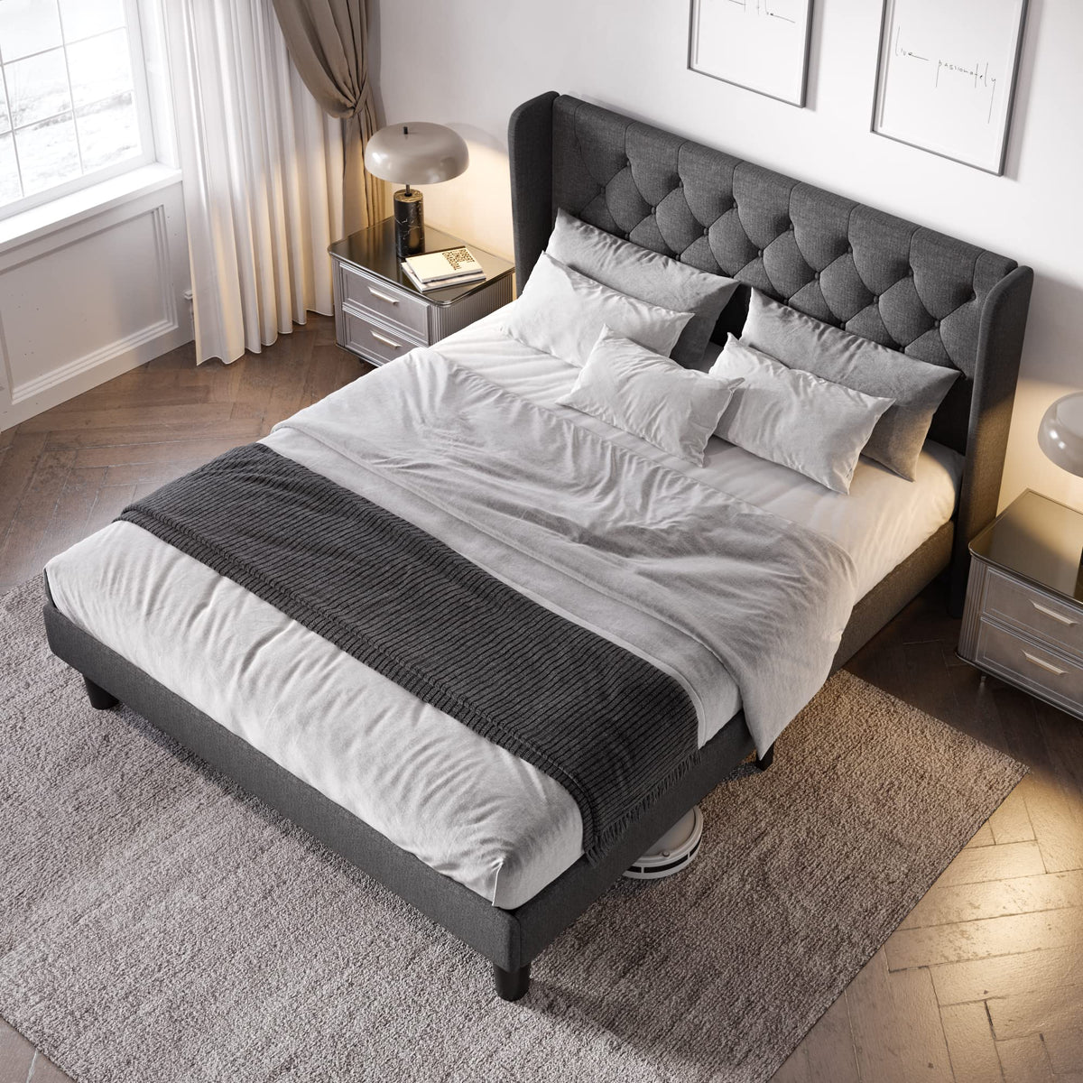 Queen Bed Frame with Button Tufted Wingback Headboard X879018