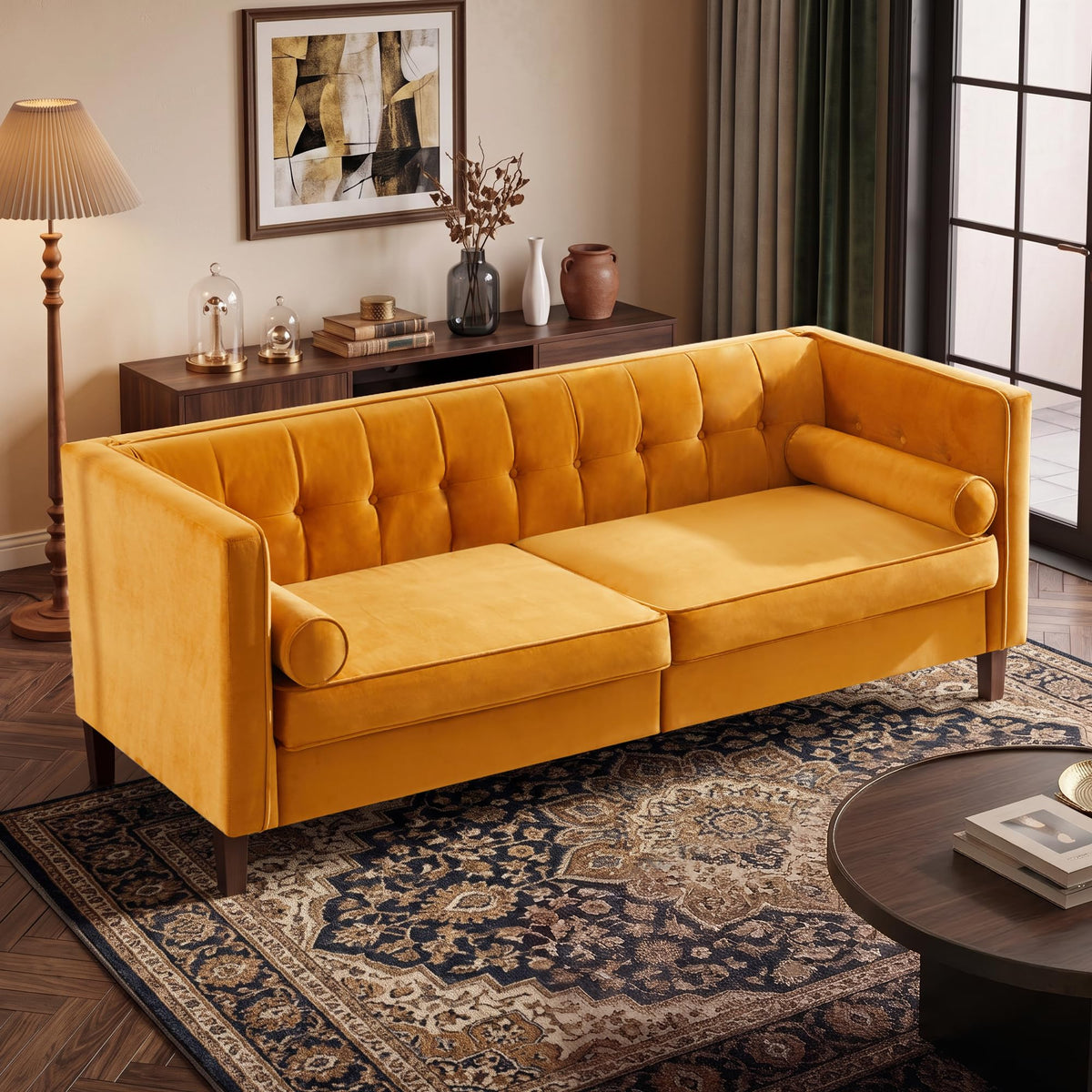 78" Velvet 3 Seater Sofa with Bolster Pillows B420900