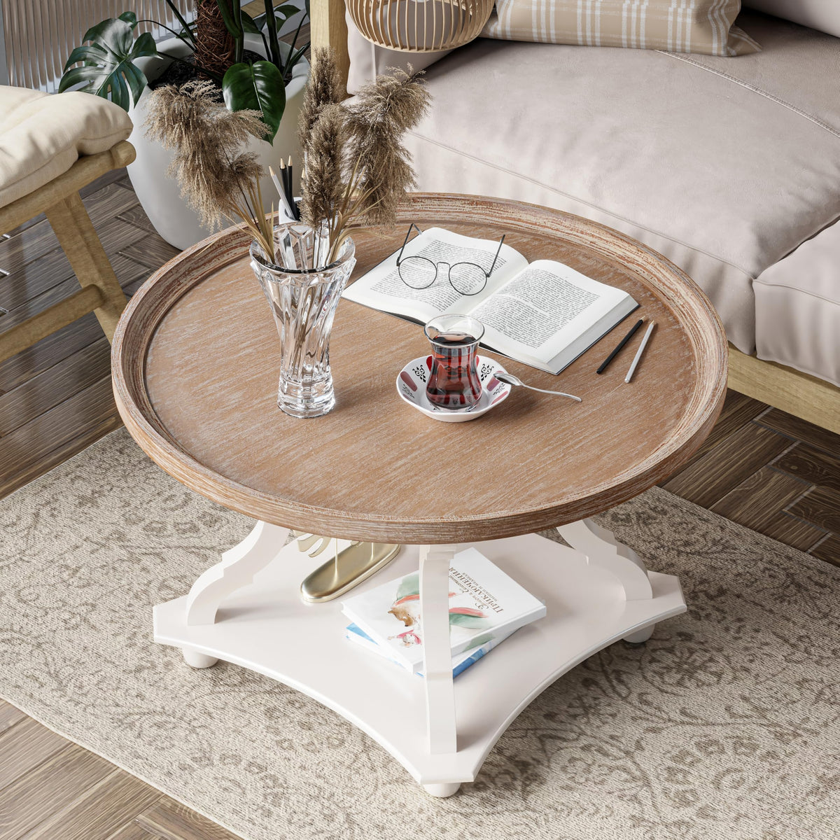 Round White Coffee Table with Tray Top M744