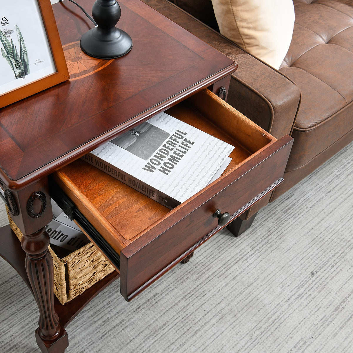 Solid Wood Side Table with Drawer, Cherry Walnut C446